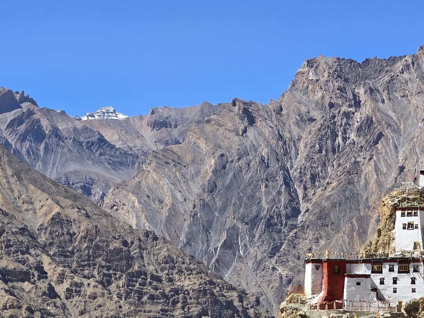 Dhankar Monastery on a rocky spur above the Spiti valley, with folded grey mountains behind